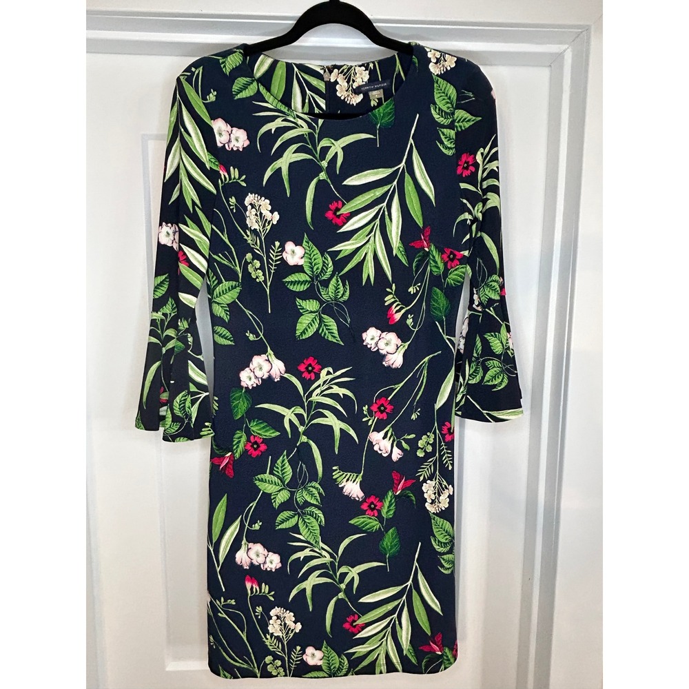 Tommy Hilfiger Navy Floral Bell Sleeve Sheath Dress Size 4 Tropical Botanical
